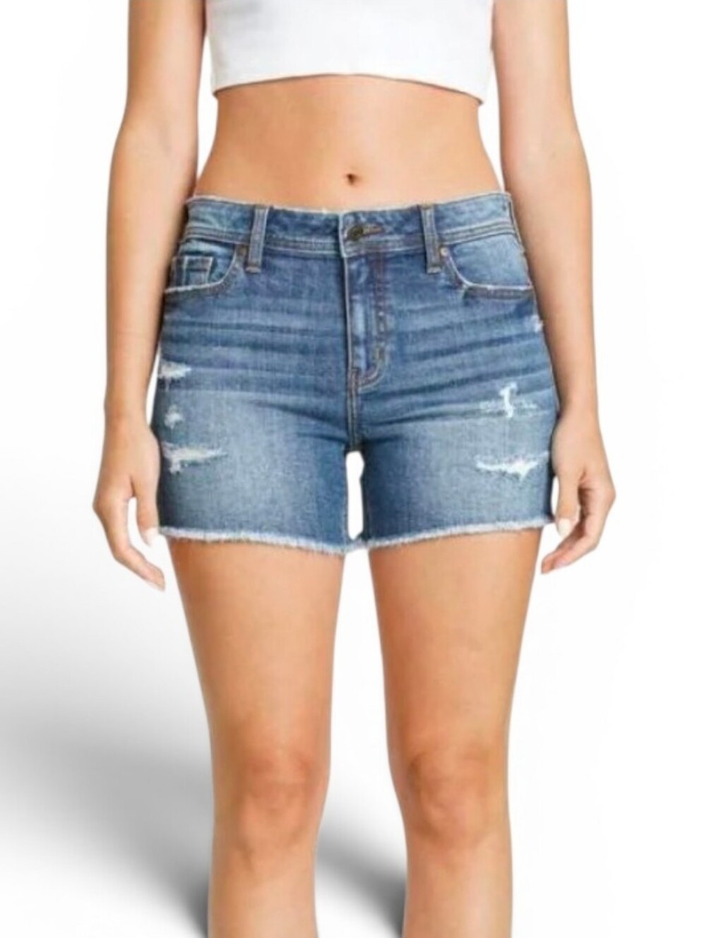 EUNINA Riley Mid Rise Mid Thigh Cut Off Jean Shorts - Small